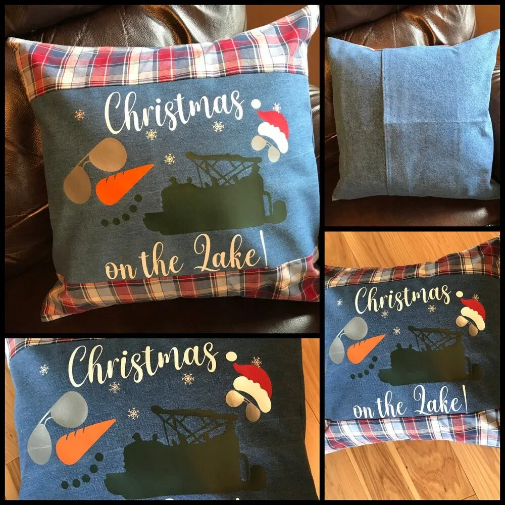 Holiday Lake Scene Pillow Cover, Appliqued Christmas on the Lake w/Pontoon 18x18